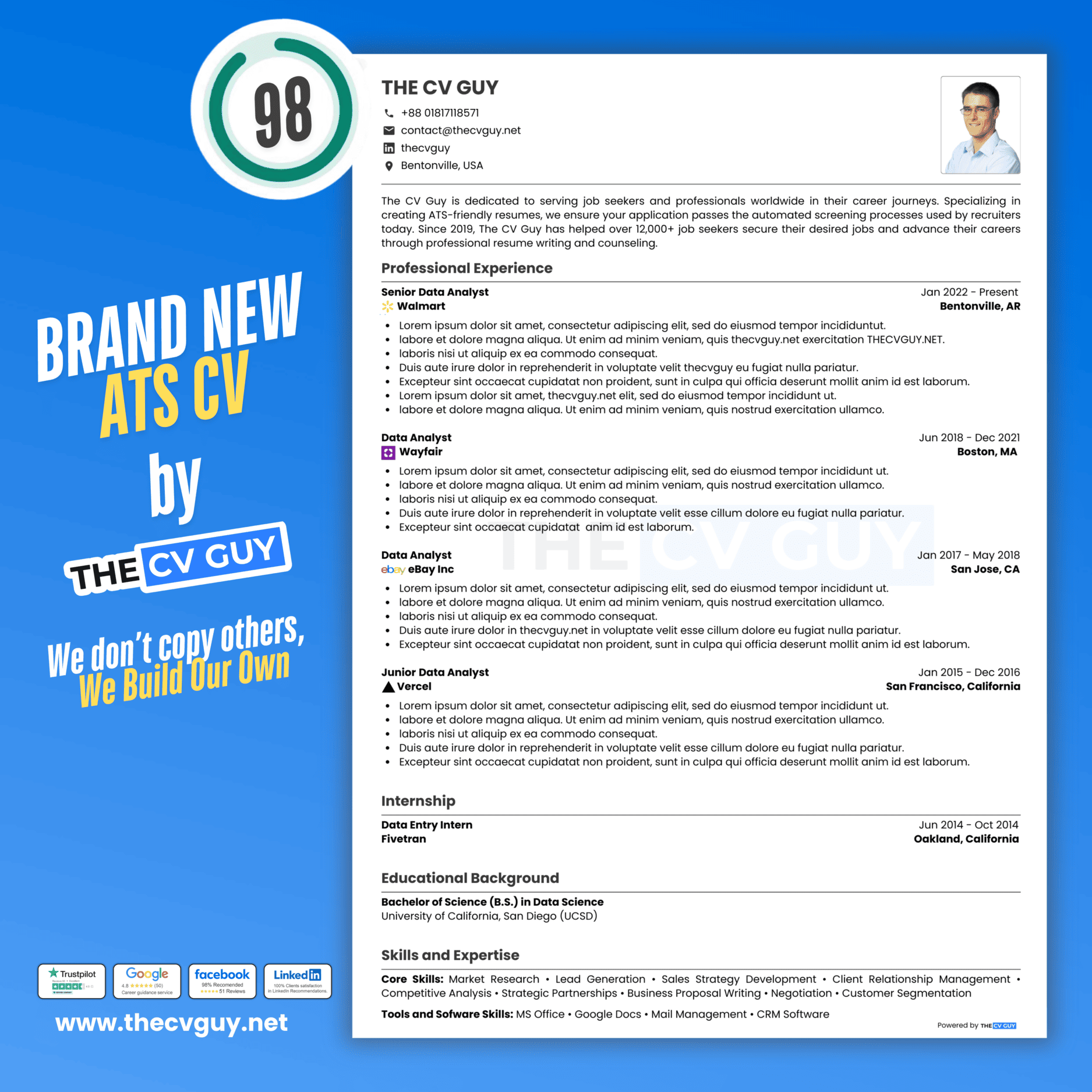 ATS resume template scoring 98, showing data analyst roles at Walmart, Wayfair and eBay