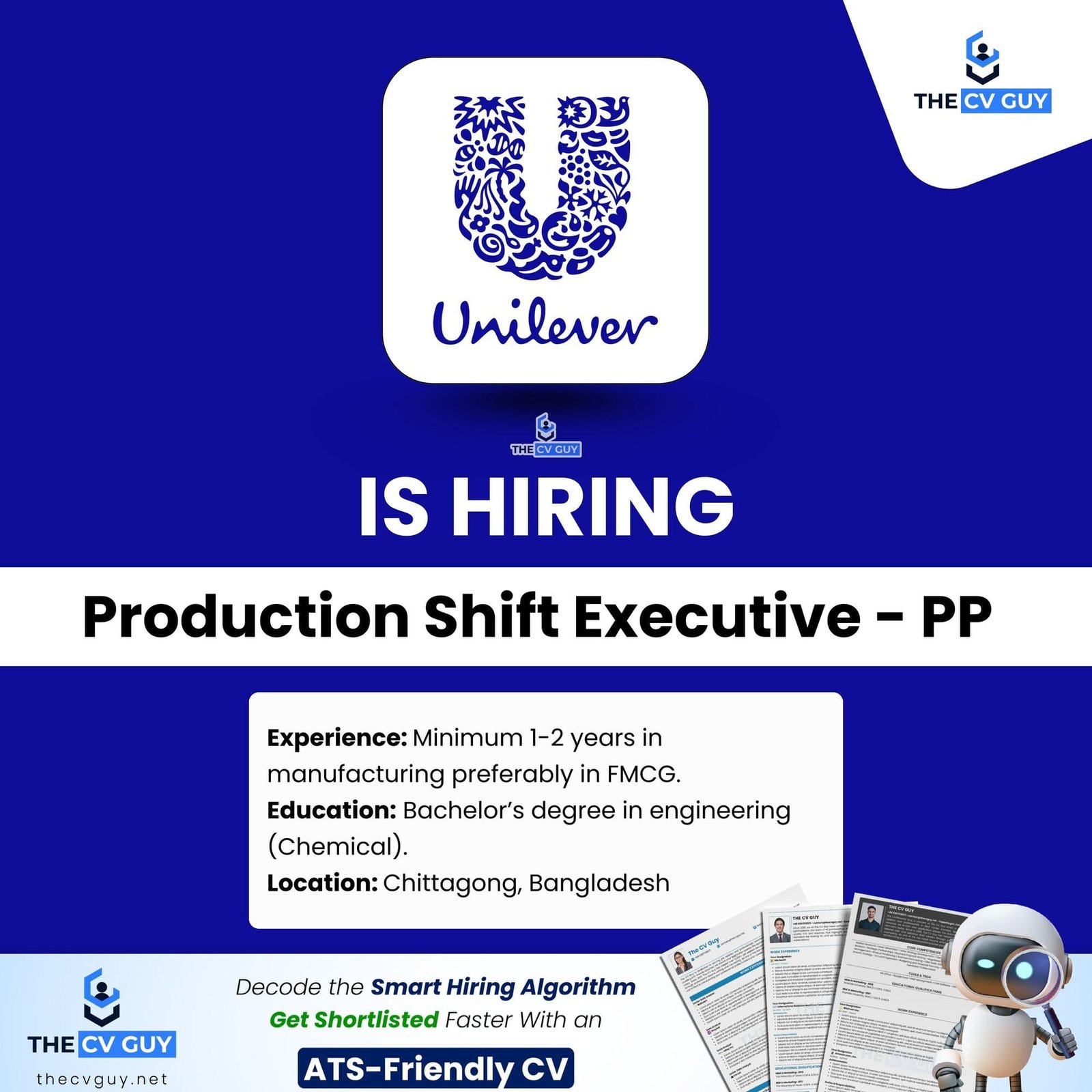 Unilever is Hiring Production Shift Executive - PP | 2026