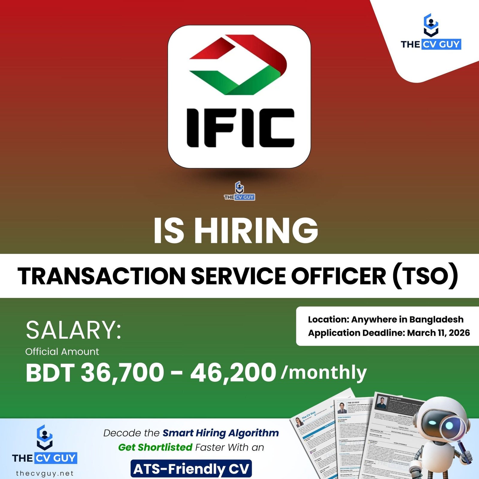 IFIC Bank PLC. is hiring TRANSACTION SERVICE OFFICER (TSO) | 2026