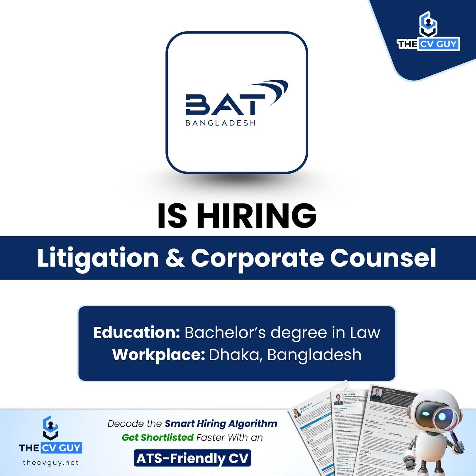 BAT Bangladesh Hiring | Litigation & Corporate Counsel | MNC Career Opportunity