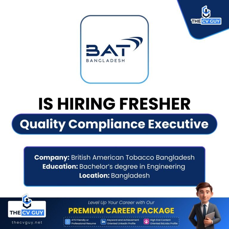 BAT Bangladesh job circular 2026 poster for the Quality Compliance Executive vacancy open to fresh graduates