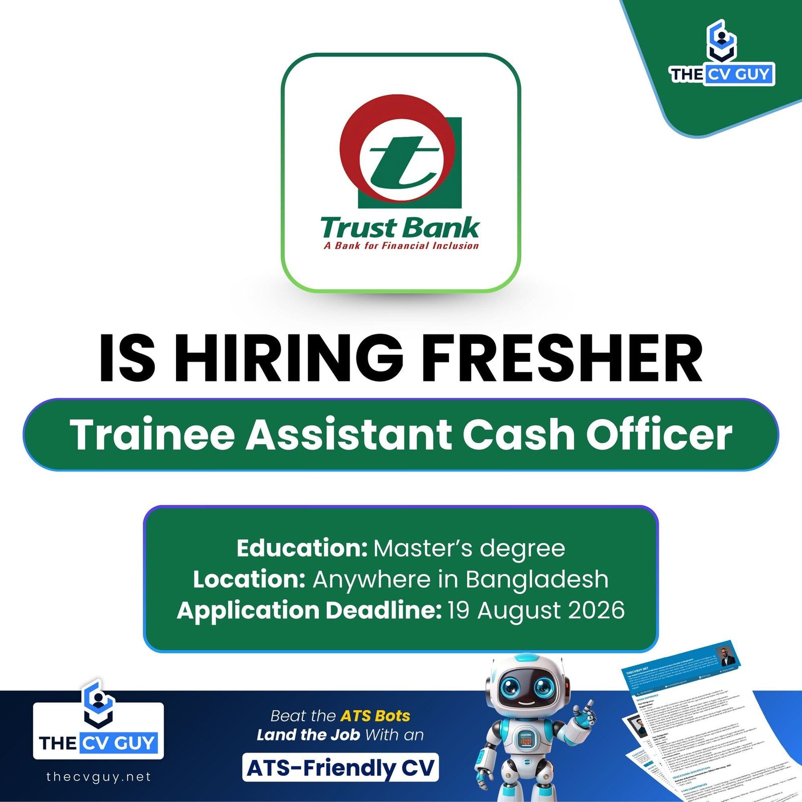 Trust Bank PLC Job Circular 2026 | Trainee Assistant Cash Officer (TACO) Opportunity for Fresh Graduates