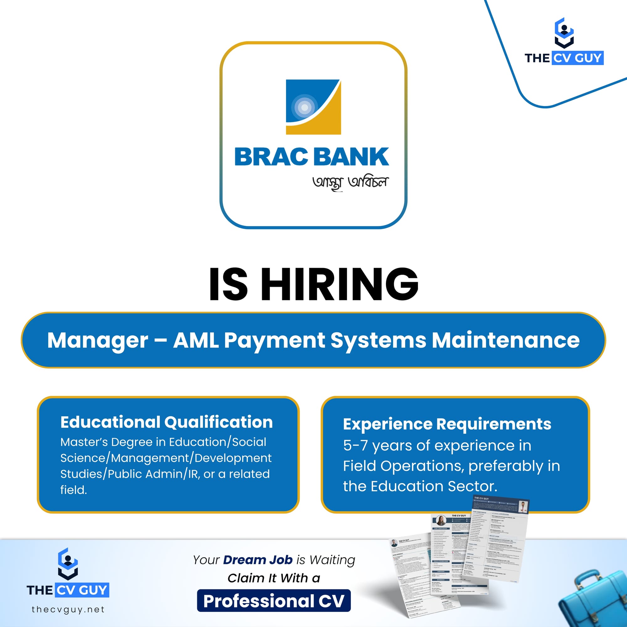 BRAC Bank PLC Career Opportunity 2026 | Manager, AML, Payment Systems & Application Maintenance