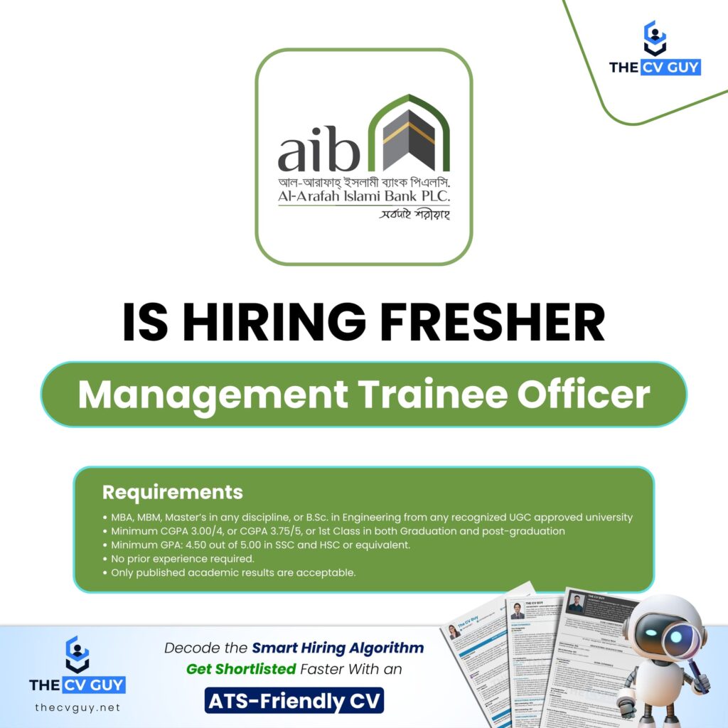 Al-Arafah Islami Bank PLC. is Hiring Management Trainee Officer | Bank job 2026
