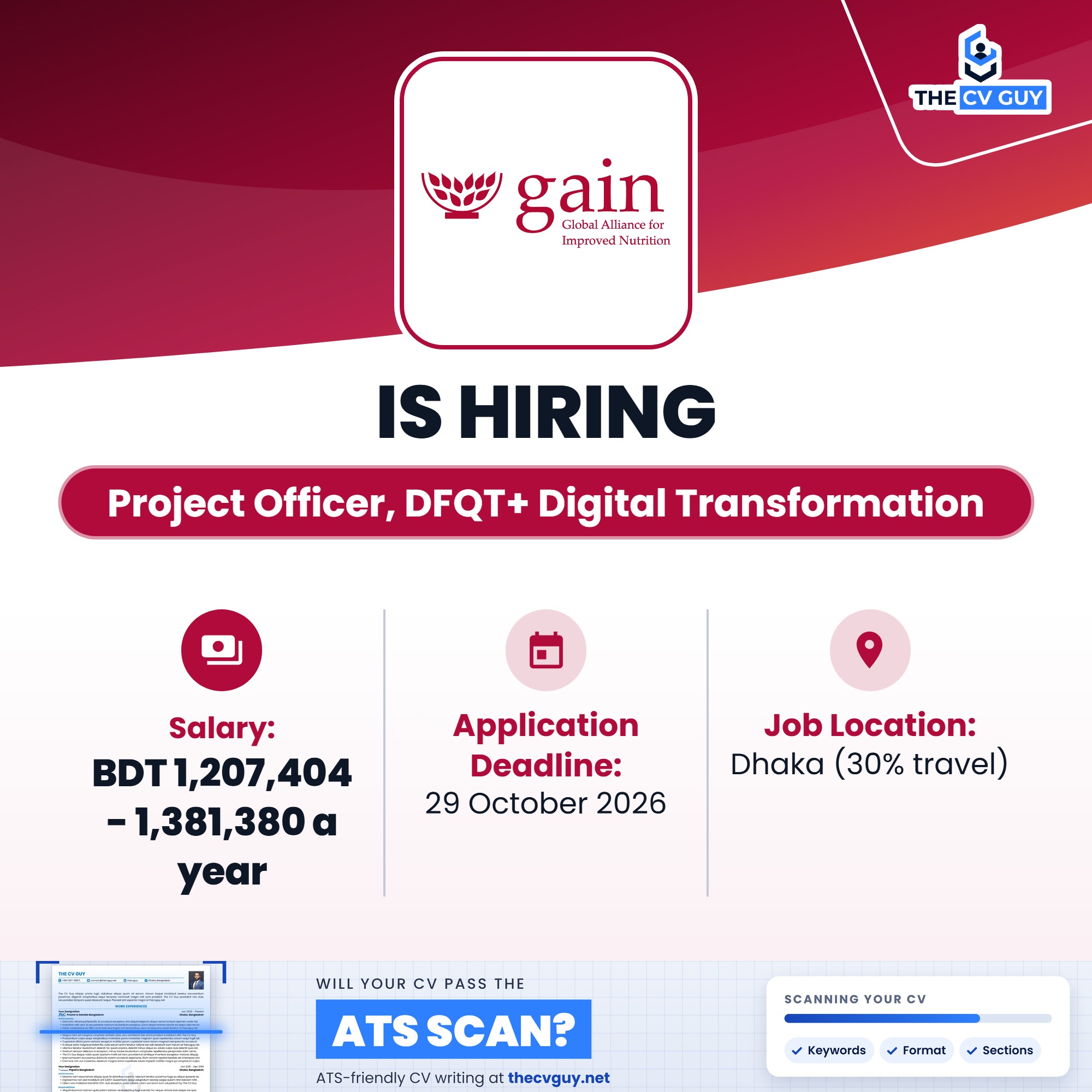 foodpanda Job Circular 2026 | Associate, Content & Onboarding 7 The CV Guy is the No.1 Resume/CV Writer in Bangladesh, Asia & Middle East GAIN Project Officer DFQT Digital Transformation - The CV Guy