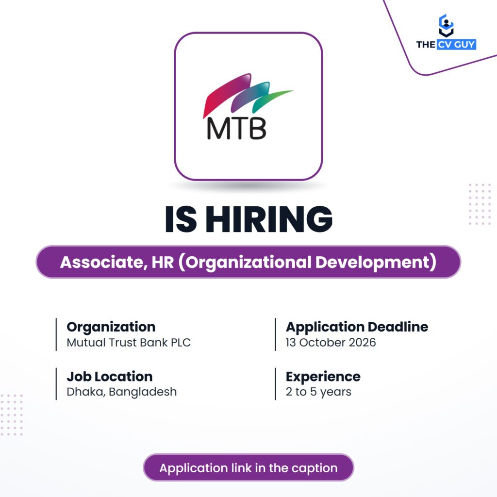 Mutual Trust Bank PLC (MTB) is hiring Associate, Human Resources (Organizational Development)