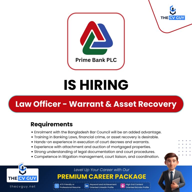 Prime Bank PLC. is hiring Law Officer, Warrant Execution & Asset Recovery Unit