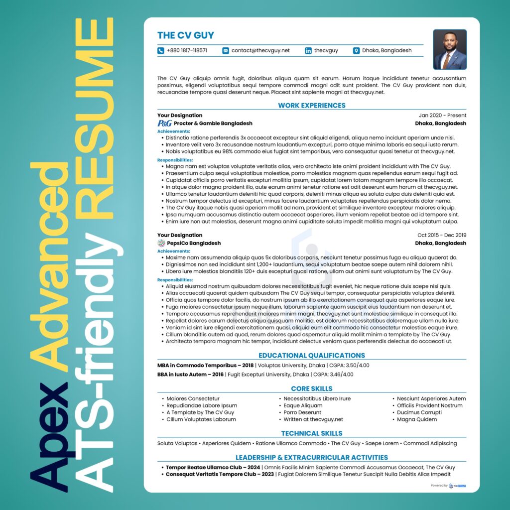 Apex ATS resume template in blue by The CV Guy