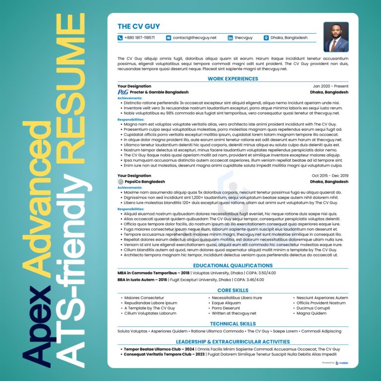 Apex ATS resume template in blue by The CV Guy, best for fMCG, sales and brand roles