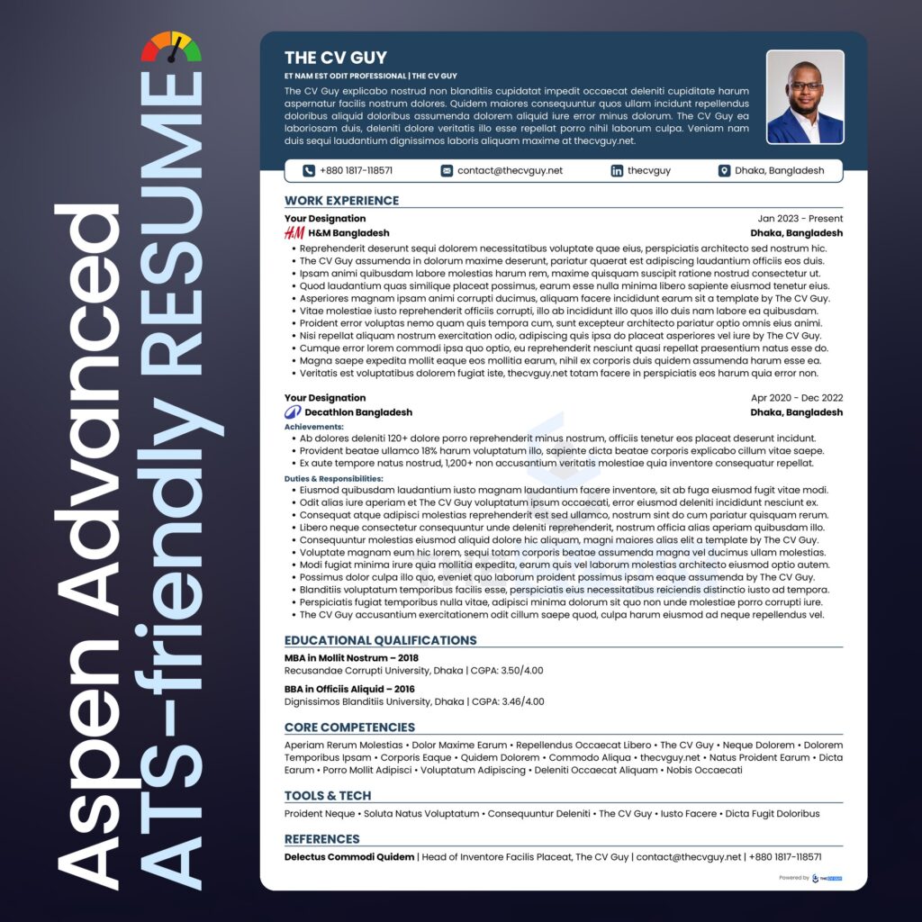 Aspen ATS resume template in steel blue by The CV Guy