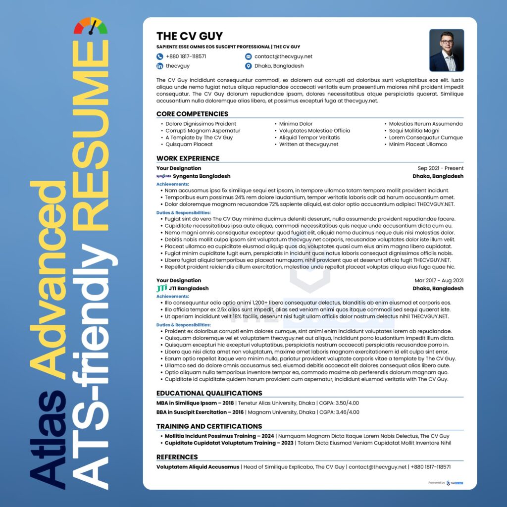 Atlas ATS resume template in royal blue by The CV Guy