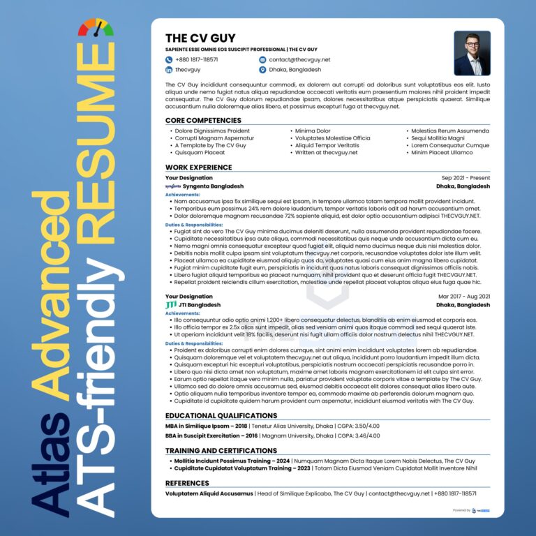 Atlas ATS resume template in royal blue by The CV Guy, best for mNC applications inside Bangladesh