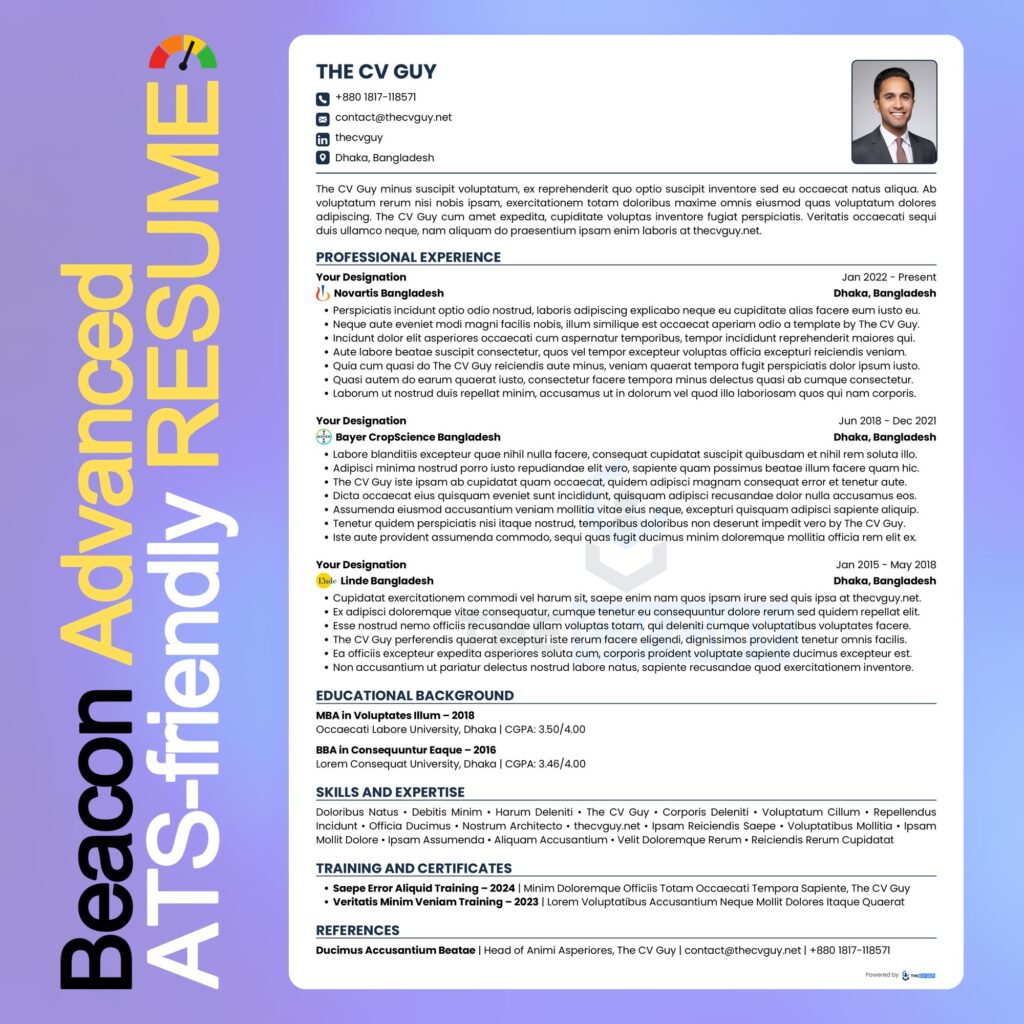 Beacon ATS resume template in navy by The CV Guy