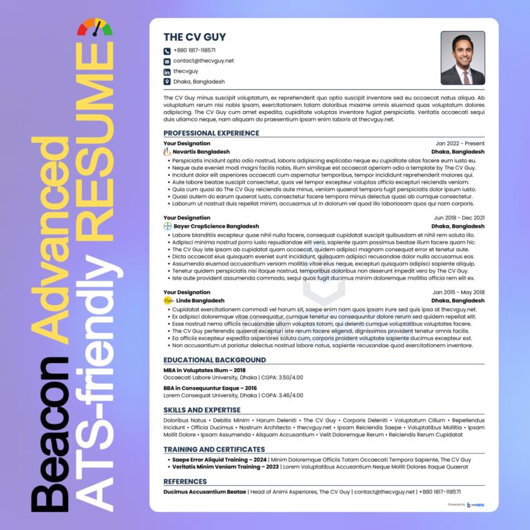 Beacon ATS resume template in navy by The CV Guy, best for pharma, healthcare and science roles