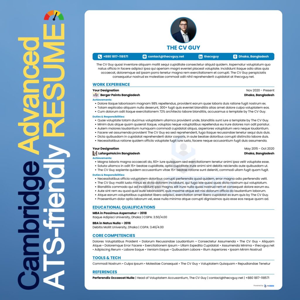 Cambridge ATS resume template in blue by The CV Guy