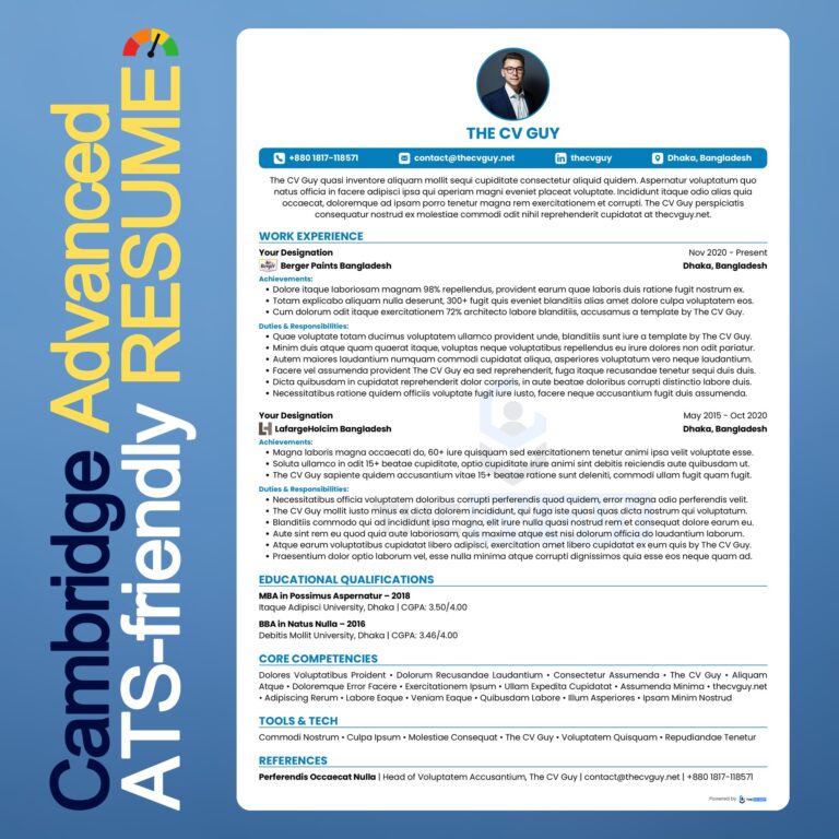 Cambridge ATS resume template in blue by The CV Guy, best for corporate profiles with a photo
