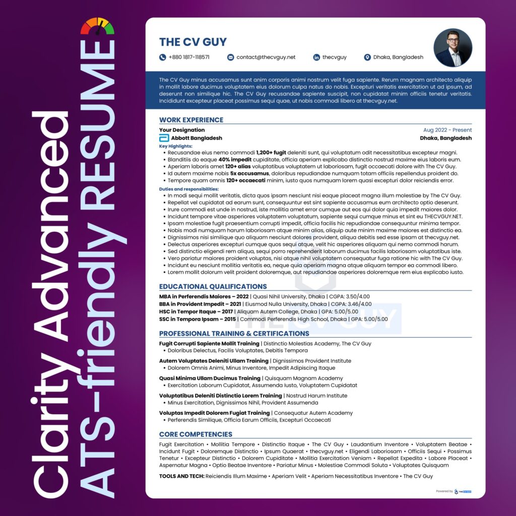 Clarity ATS resume template in navy blue by The CV Guy