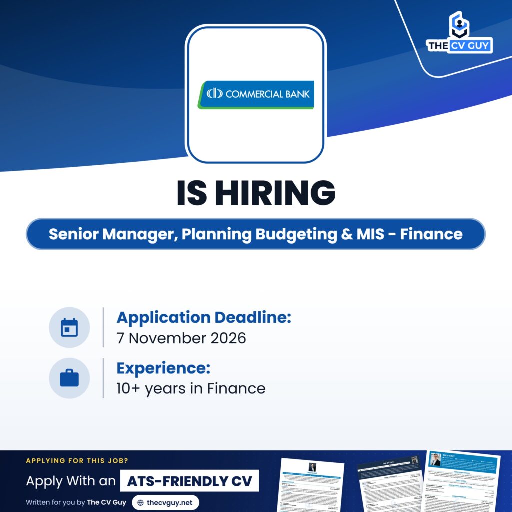 Commercial Bank of Ceylon Job Circular 2026 | Senior Manager, Planning Budgeting & MIS - Finance 1 The CV Guy is the No.1 Resume/CV Writer in Bangladesh, Asia & Middle East commercial bank of ceylon senior manager planning budgeting mis