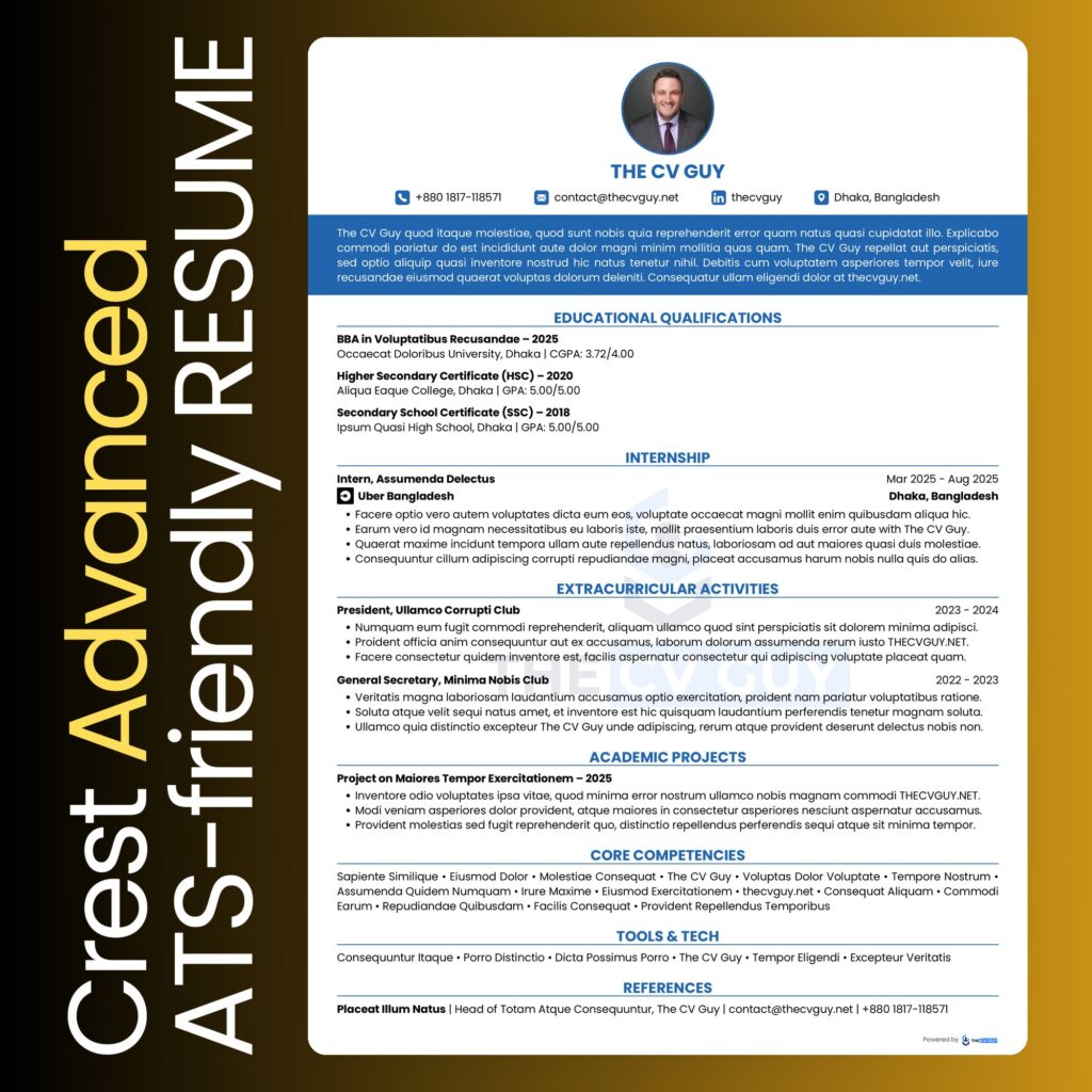 Crest ATS resume template in royal blue by The CV Guy