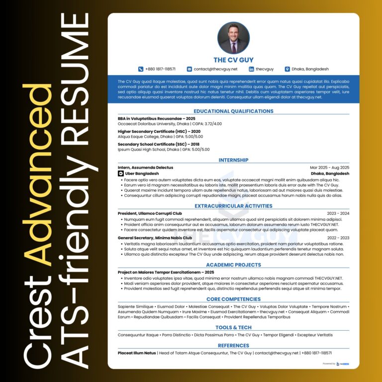 Crest ATS resume template in royal blue by The CV Guy, best for campus placement and trainee roles