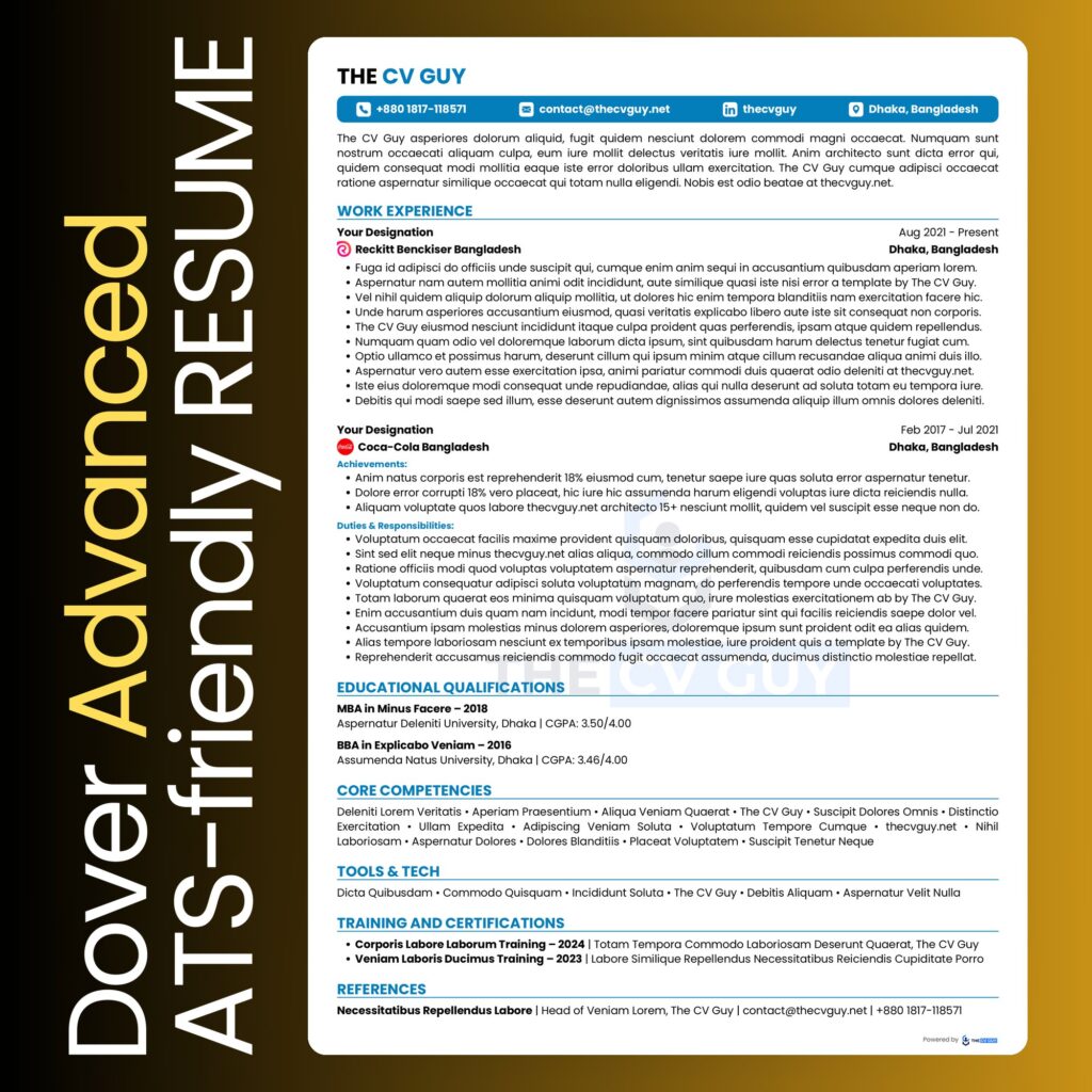 Dover ATS resume template in blue by The CV Guy