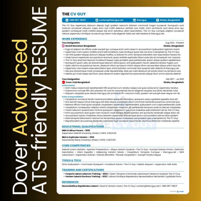 Dover ATS resume template in blue by The CV Guy, best for general overseas applications