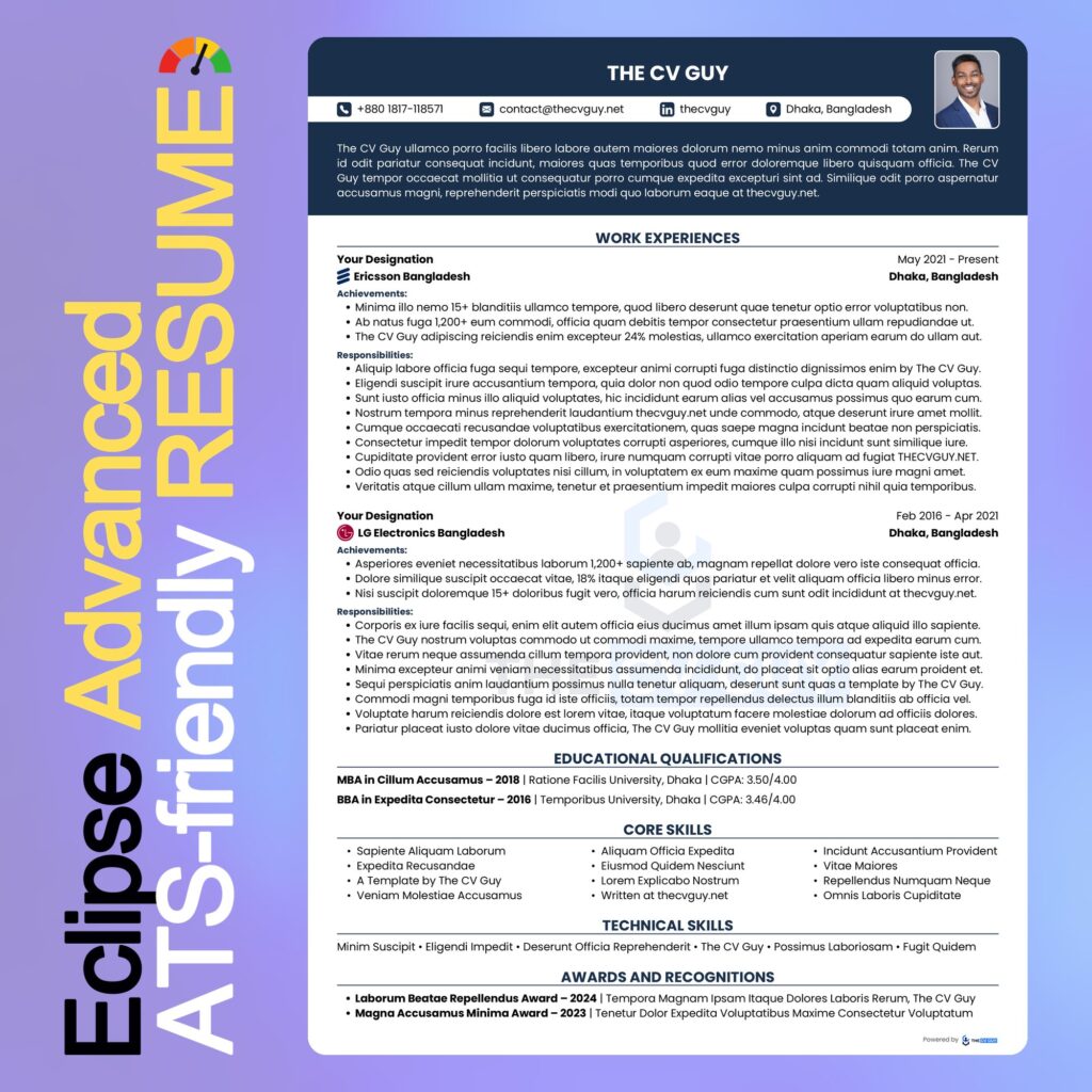 Eclipse ATS resume template in navy by The CV Guy