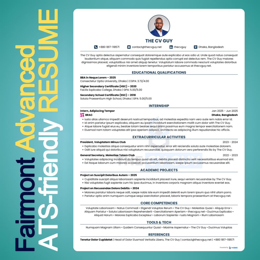 Fairmont ATS resume template in steel blue by The CV Guy