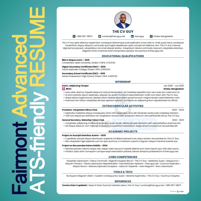 Fairmont ATS resume template in steel blue by The CV Guy, best for fresh graduates with strong academics