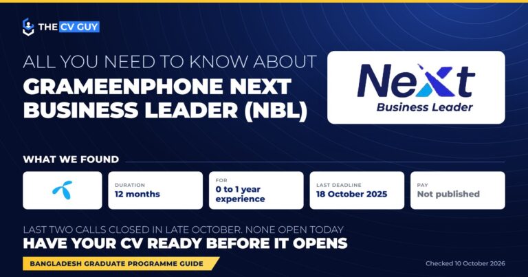 All you need to know about the Grameenphone Next Business Leader (NBL) programme: 12 months, for graduates with 0 to 1 year of experience, last deadline 18 October 2025, pay not published