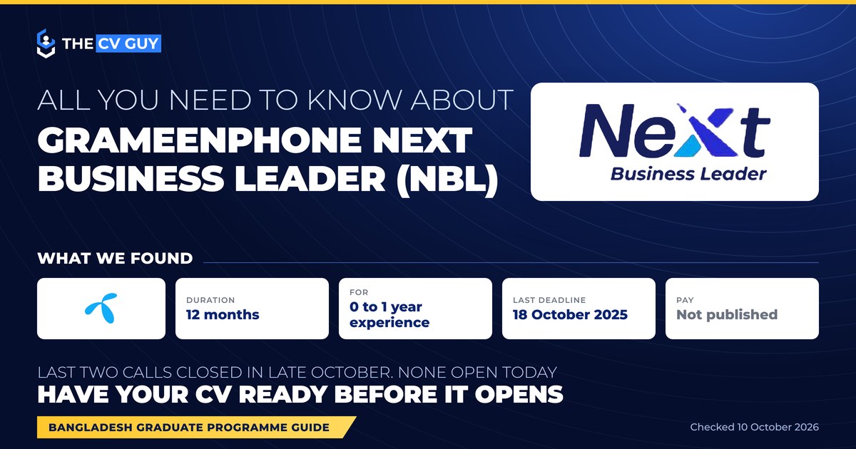 Marico is Hiring! Head - Factory HR | 2025 6 The CV Guy is the No.1 Resume/CV Writer in Bangladesh, Asia & Middle East All you need to know about the Grameenphone Next Business Leader (NBL) programme: 12 months, for graduates with 0 to 1 year of experience, last deadline 18 October 2025, pay not published