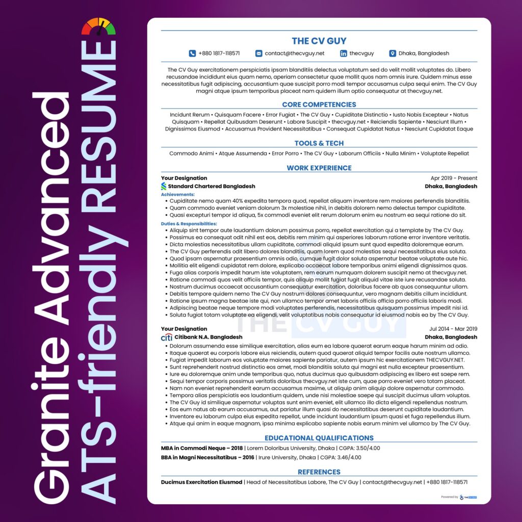 Granite ATS resume template in royal blue by The CV Guy
