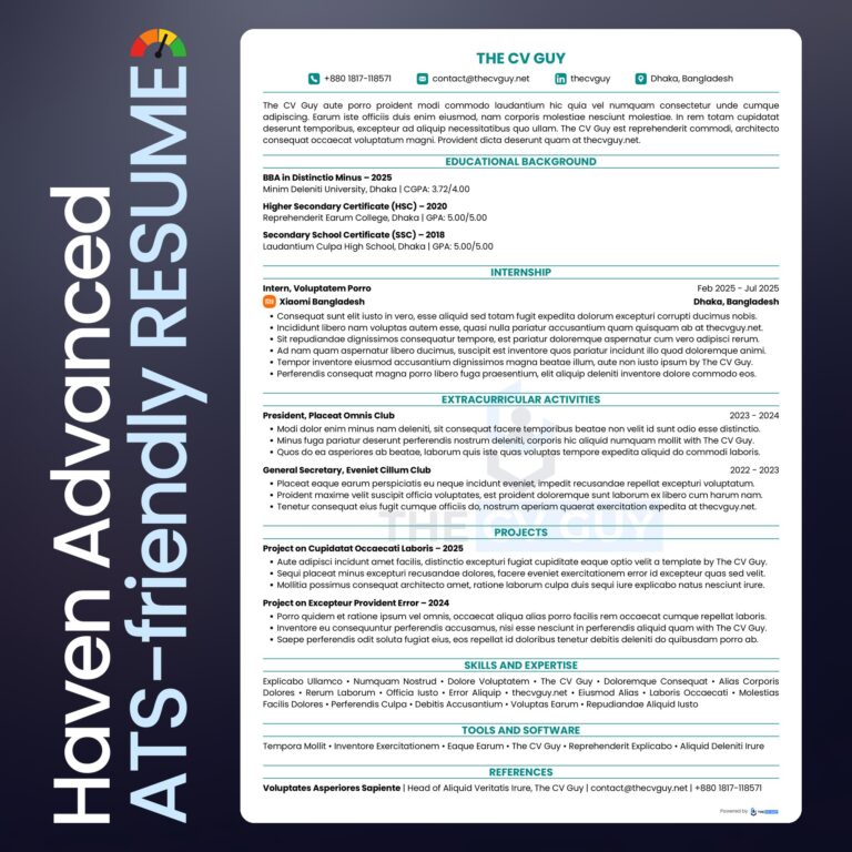 Haven ATS resume template in teal by The CV Guy, best for internships and entry level