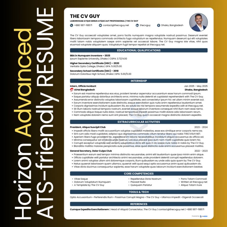 Horizon ATS resume template in steel blue by The CV Guy, best for freshers with an internship to show