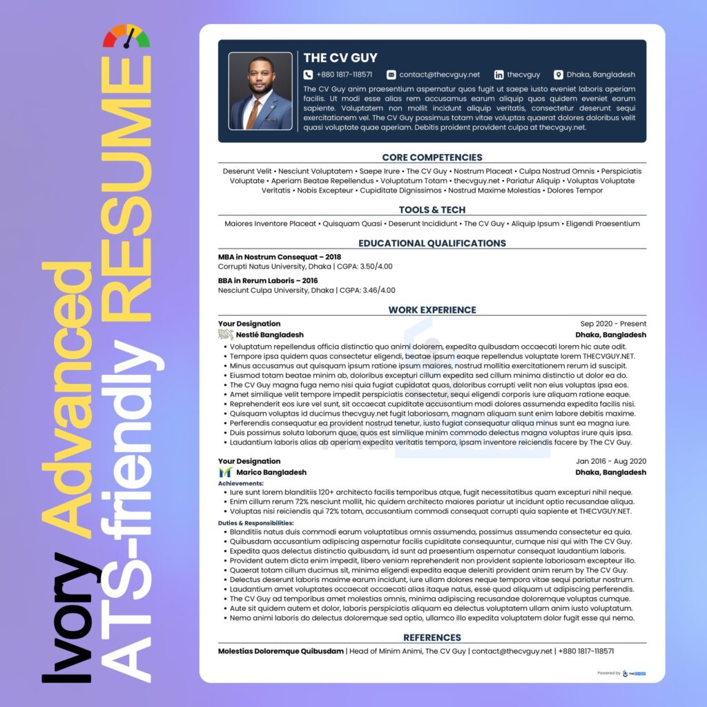 Ivory ATS resume template in navy by The CV Guy