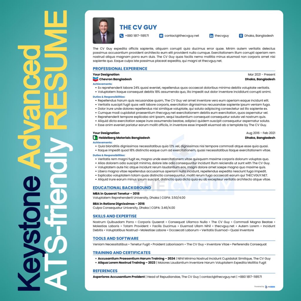 Keystone ATS resume template in royal blue by The CV Guy
