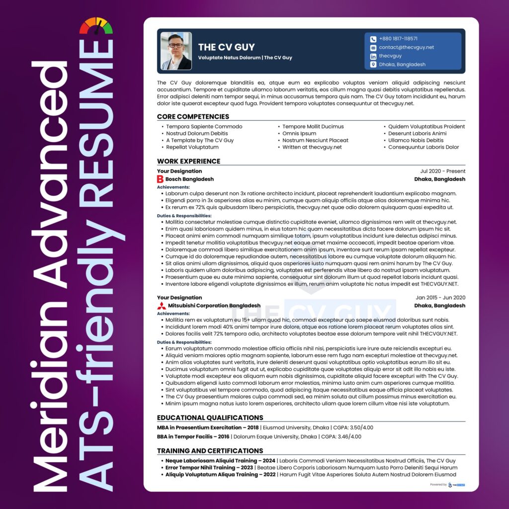 Meridian ATS resume template in navy by The CV Guy