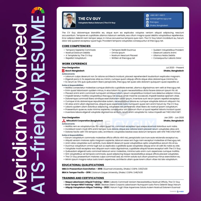Meridian ATS resume template in navy by The CV Guy, best for senior managers and heads of department