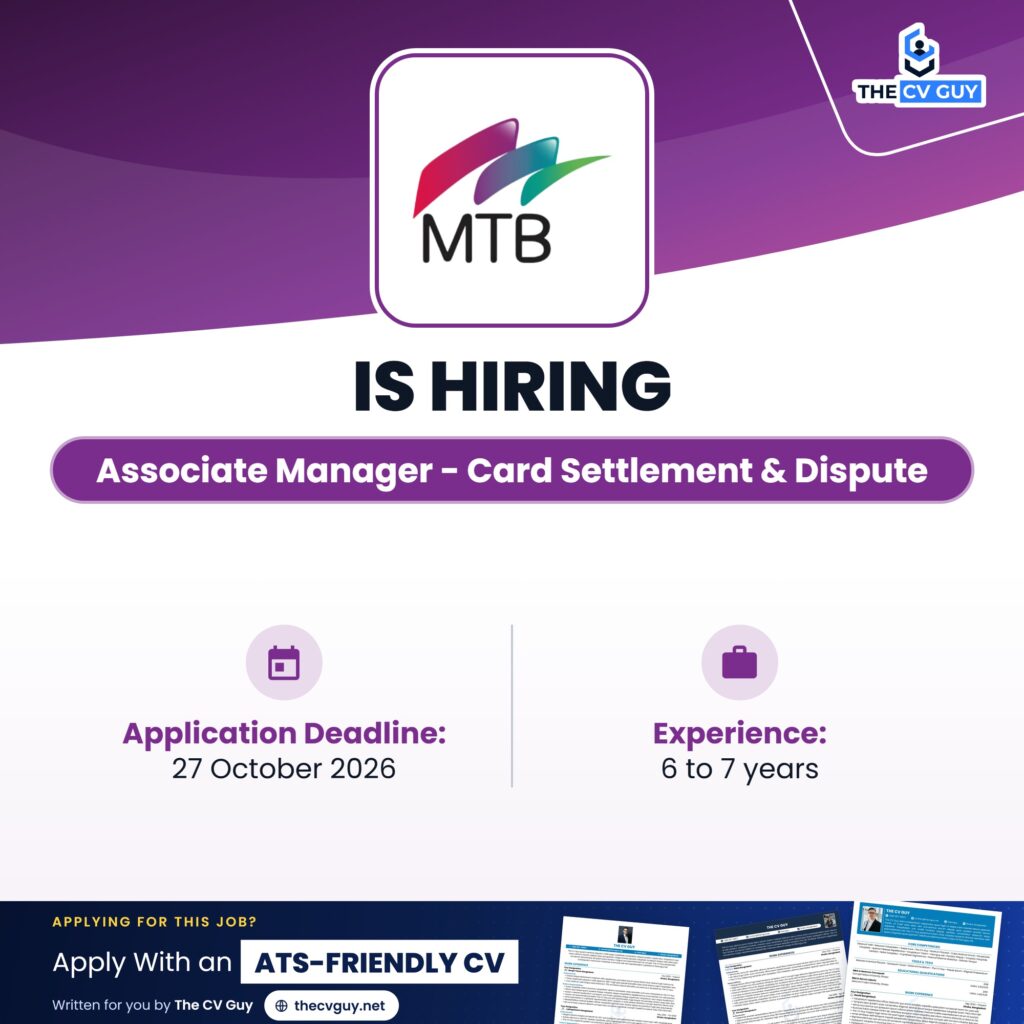 Mutual Trust Bank Job Circular 2026 | Associate Manager - Card Operations (Card Settlement and Dispute Unit) 1 The CV Guy is the No.1 Resume/CV Writer in Bangladesh, Asia & Middle East mtb associate manager card settlement dispute
