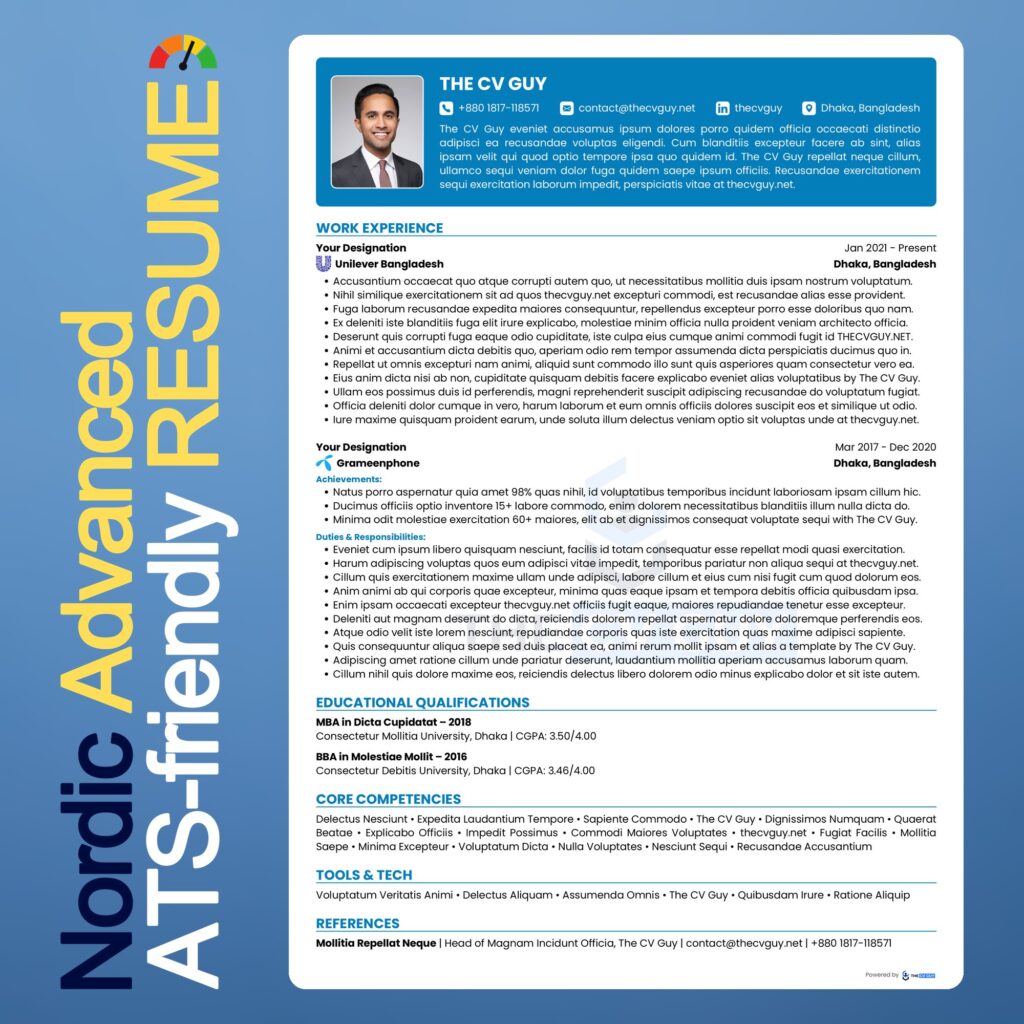 Nordic ATS resume template in blue by The CV Guy