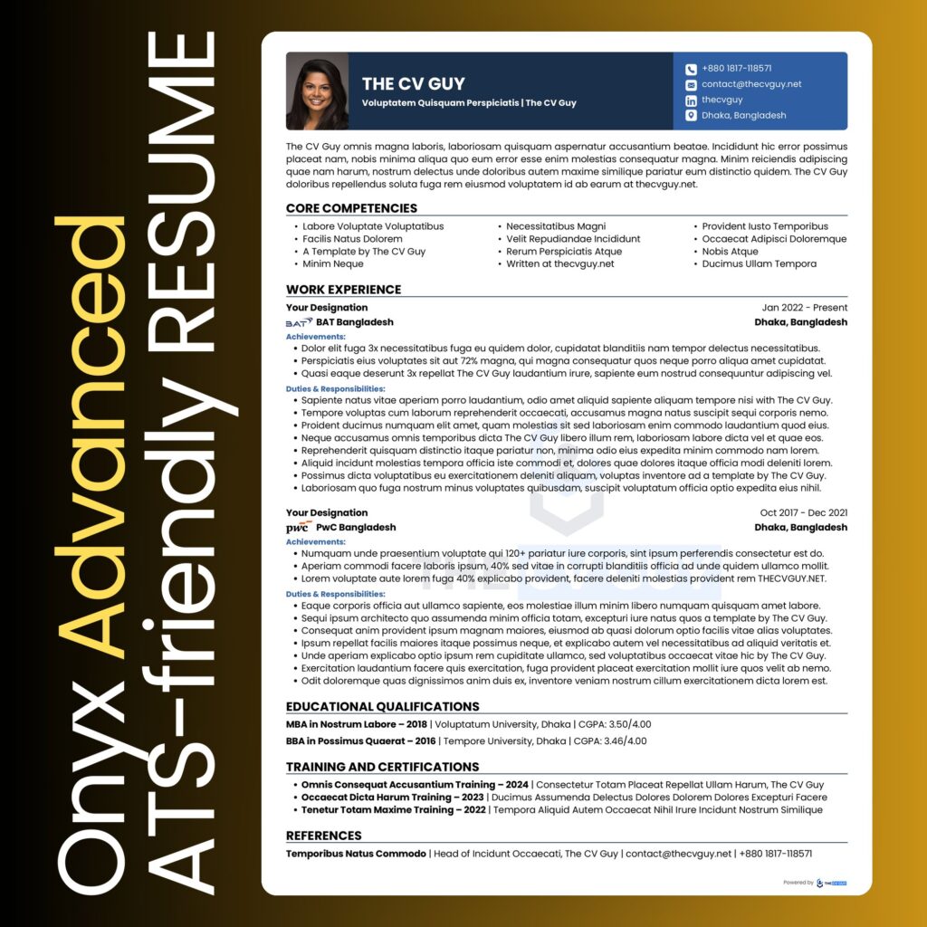 Onyx ATS resume template in navy and blue by The CV Guy