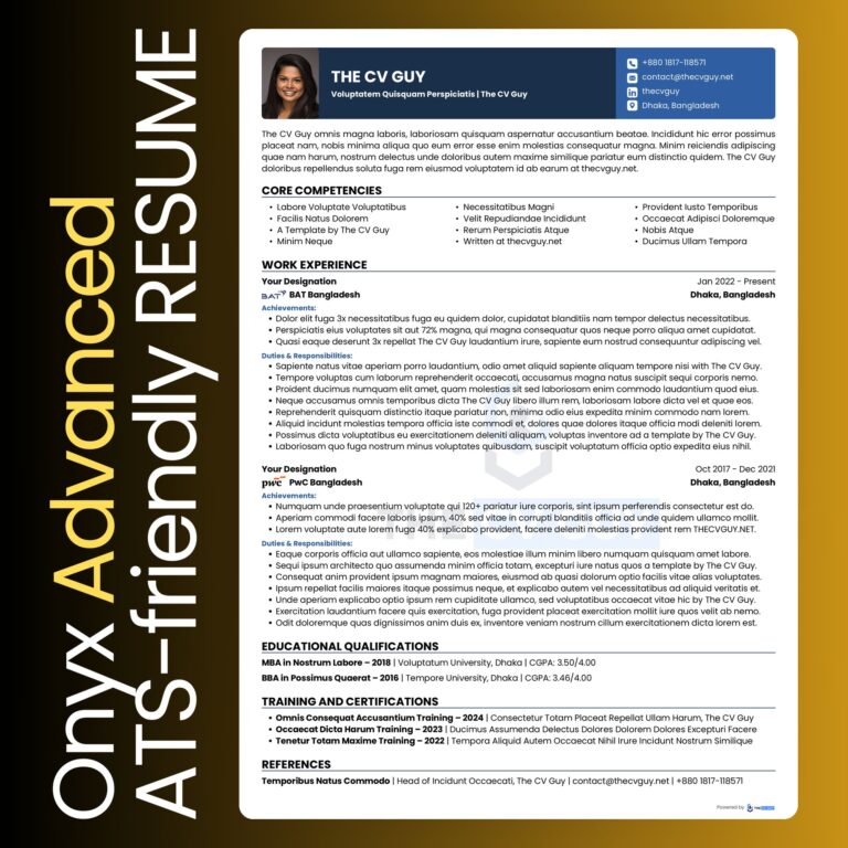 Onyx ATS resume template in navy and blue by The CV Guy, best for hR and talent acquisition roles