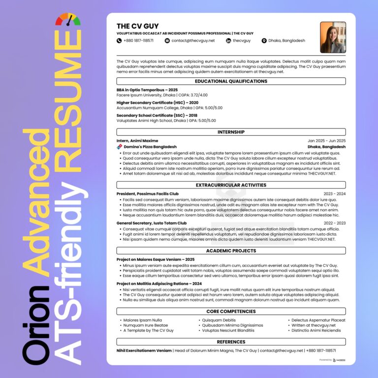 Orion ATS resume template in black and white with photo by The CV Guy, best for fresh graduates writing a first resume