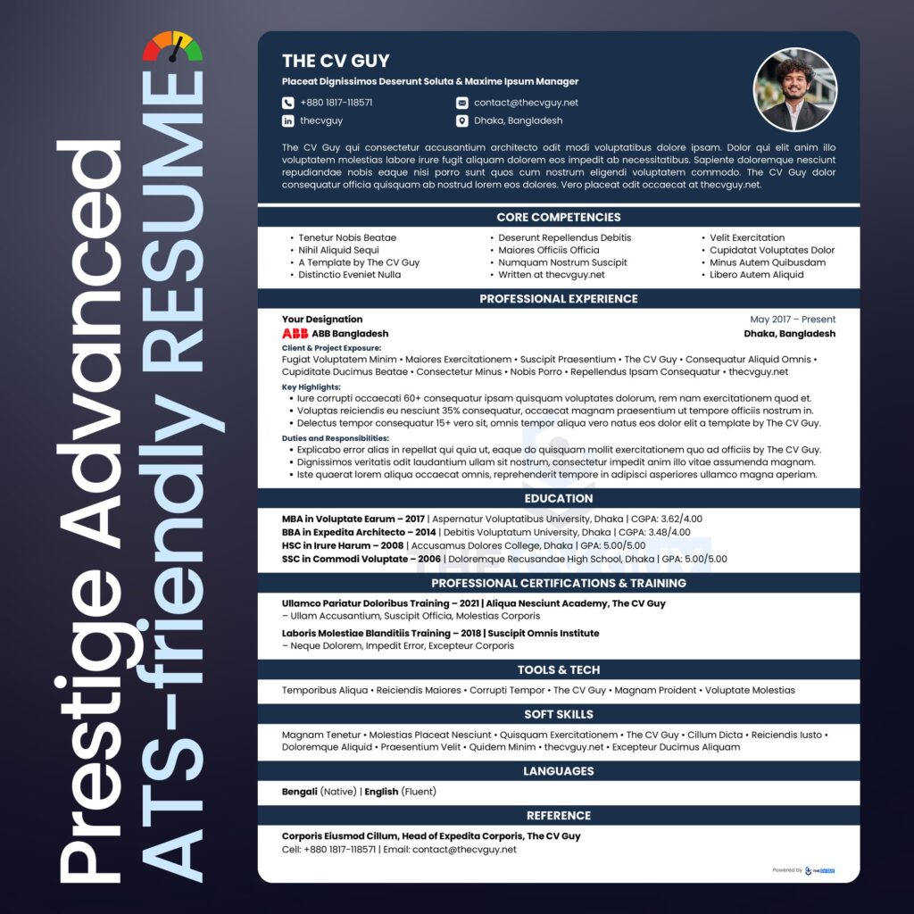 Prestige ATS resume template in navy by The CV Guy