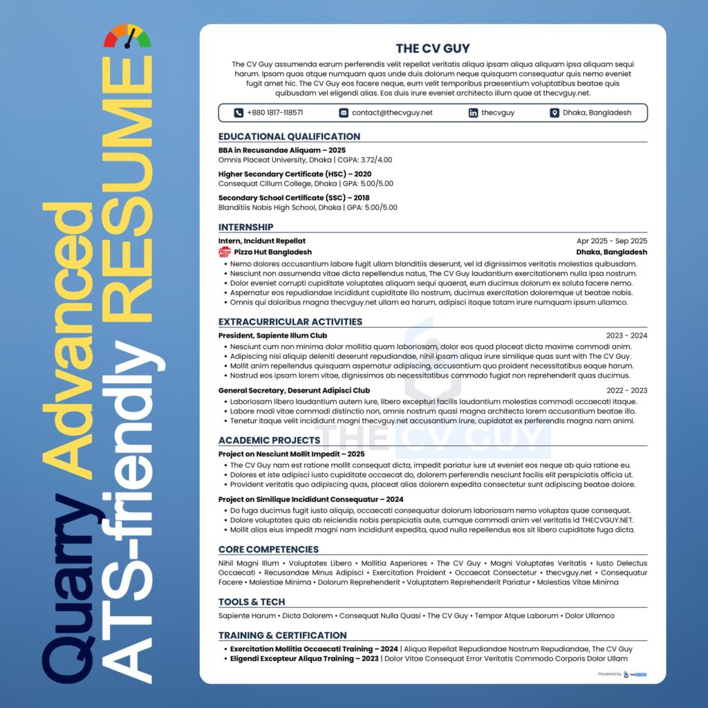 Quarry ATS resume template in navy by The CV Guy