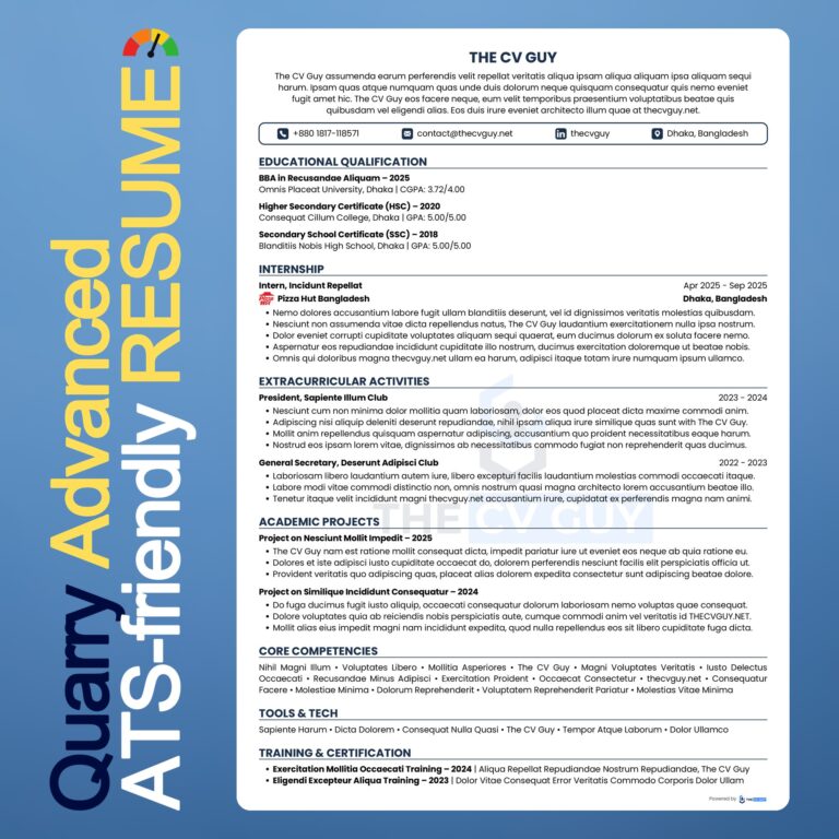 Quarry ATS resume template in navy by The CV Guy, best for graduates with limited experience