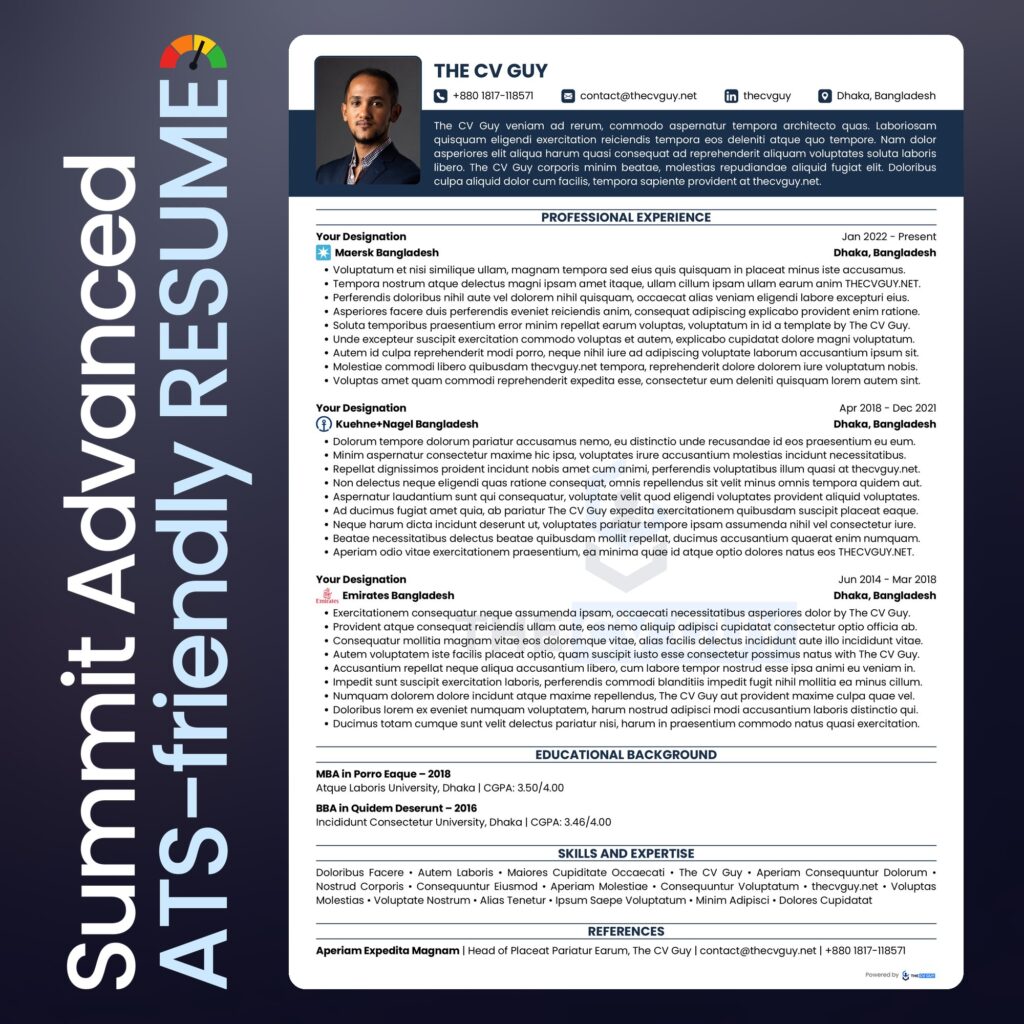 Summit ATS resume template in navy by The CV Guy