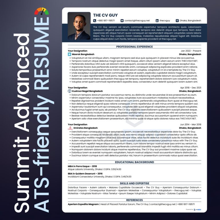 Summit ATS resume template in navy by The CV Guy, best for data, IT and analytics roles