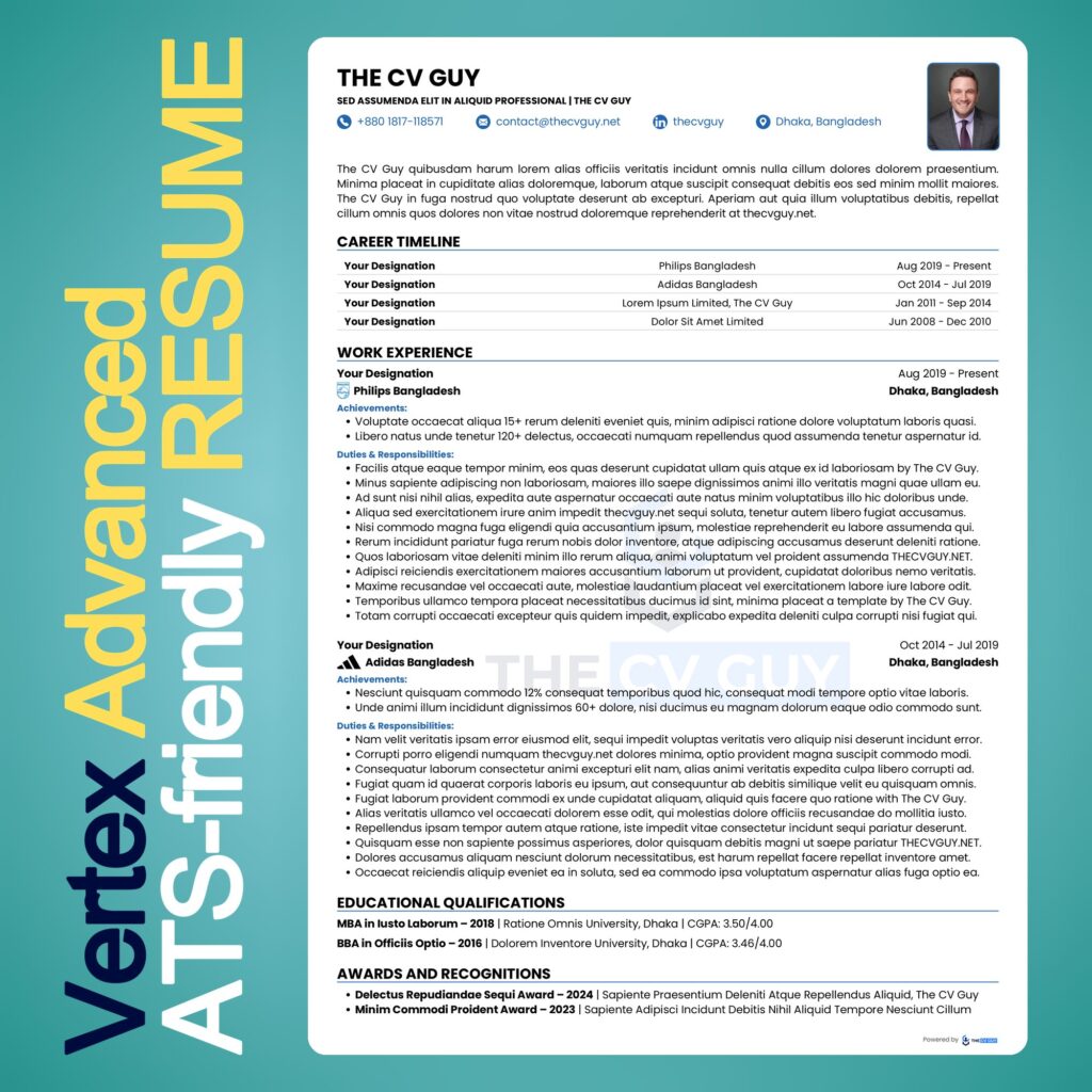Vertex ATS resume template in royal blue by The CV Guy