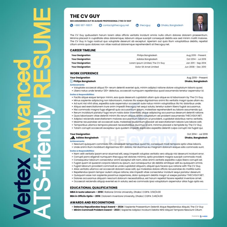 Vertex ATS resume template in royal blue by The CV Guy, best for senior professionals with a long career